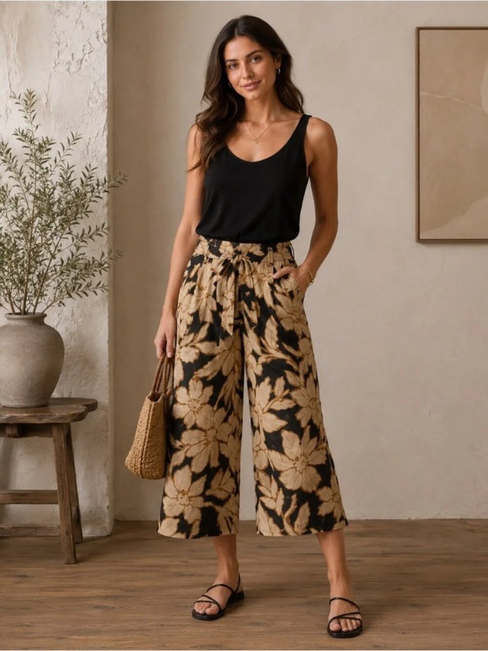 NEW Democracy Crop Wide Leg Pull On Pants | Tan Floral